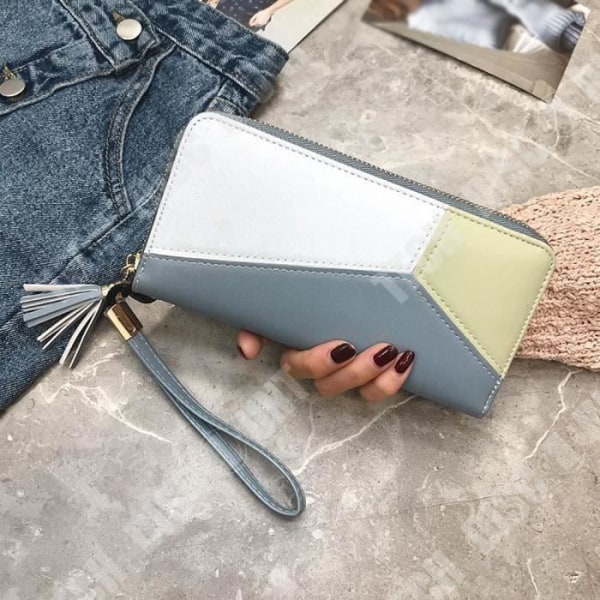 TD® Lång plånbok för kvinnor multifunktionell flera fack patchwork mönster lång modell färg blå vit