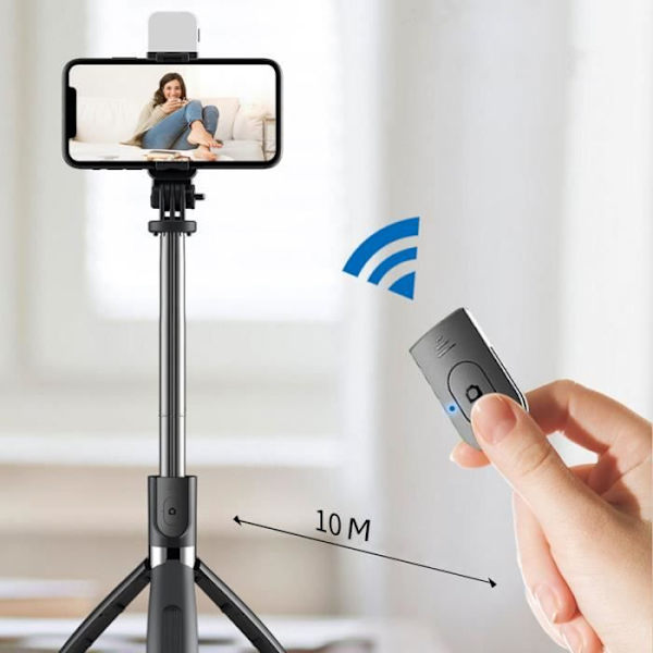 Perche til selfies, multifunktionelt selfie-artefakt til mobiltelefon, Bluetooth-fjernbetjening, fyldlys til stativ