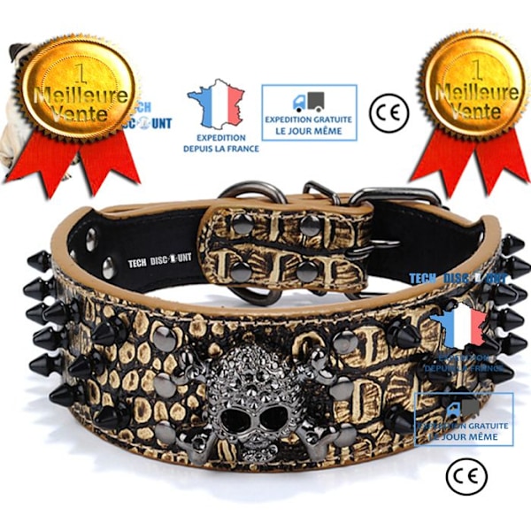 Halsband för hund - TD® - Justerbar - Syntetläder - Svart - Reflekterande dödskalle