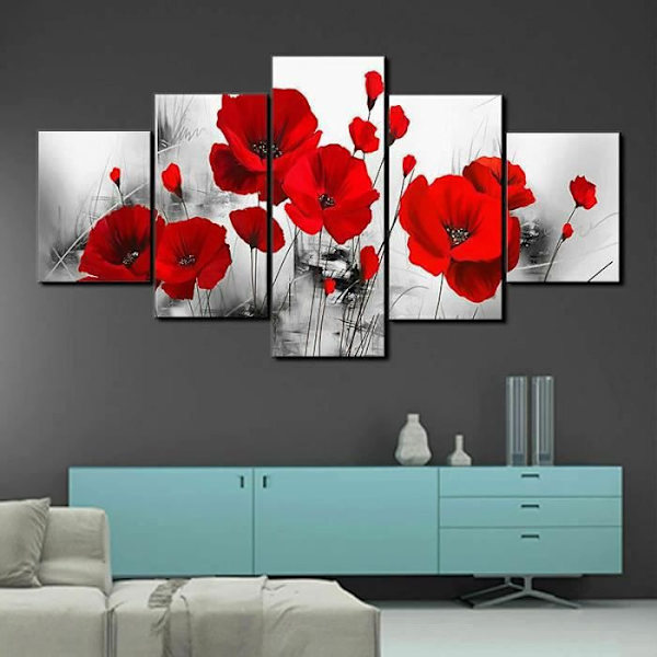 TD® tableau valmuerøde på hvid baggrund lærred maleri blomster vægdekoration 5 stk vertikal moderne marker uden ramme stue