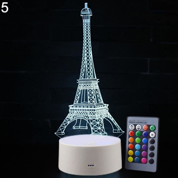 3D yövalaisin - Määrittelemätön - Eiffel-torni - 7 LED-väriä - Kosketus - Kauko-ohjaus Röd, grön, blå, gul, cyan, lila, vit