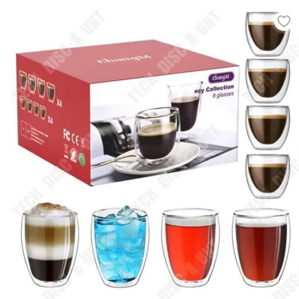 TD® Set med 8 kaffeglas (4x80ml + 4x250ML), högtemperaturbeständigt dubbelväggigt glas, espressotassen, för kaffe, drycker
