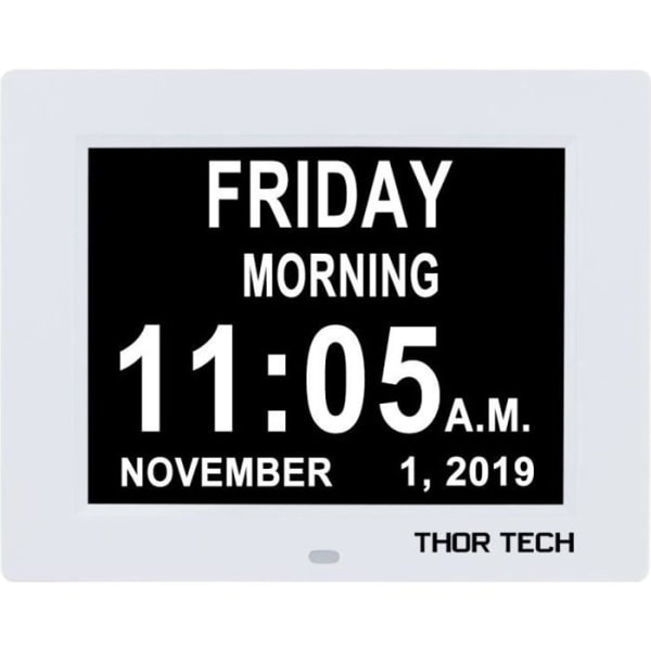 Kalenderklocka med datum Dag Tid Stort teckensnitt Alarm Automatisk avbländning för äldre / Alzheimers och barn Vit