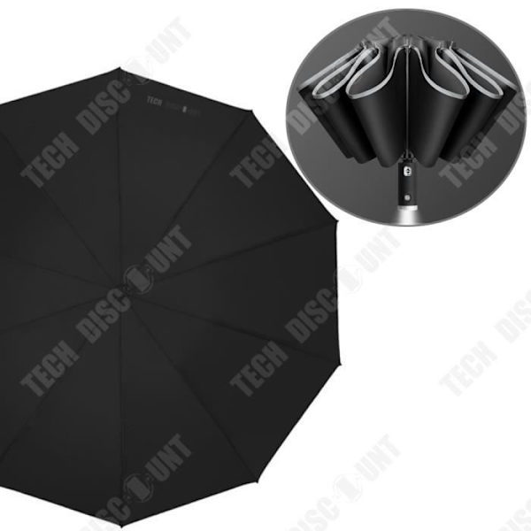 TD® Omvendt paraply fuldautomatisk Diameter 105 cm Refleksbånd Lygtehåndtag Paraply til regn og godt vejr Svart
