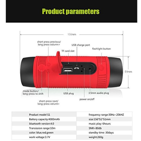 LCC®S1 Bluetooth vesitiivis monitoiminen stereokaiutin, kaiutin, 4000mAh, pyöräilyyn ja muihin urheiluihin - punainen Röd