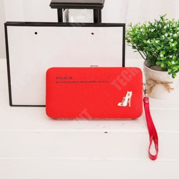 TD® Rött PU-läder för kvinnor Lång plånbok Läder Myntväska Korthållare Detaljer Klacksko -Gyllene blommor- Handtag
