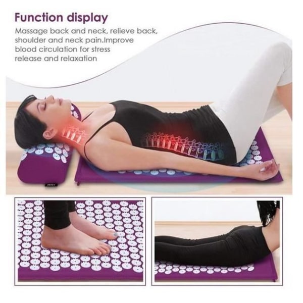 Akupressurmattasats med kudde, massagekudde för yogabehandling Lindra rygg- och nacksmärtor (svart)