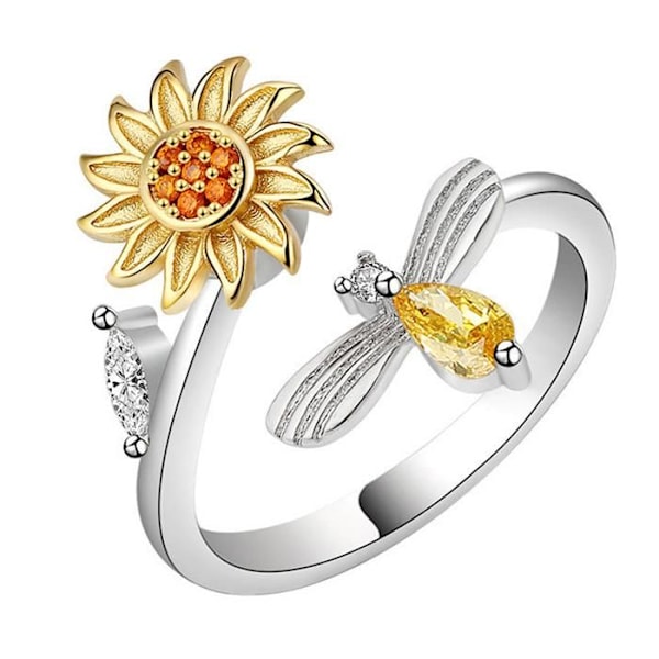 Ring kvinna HTBE® solsänglar och bin silver roterande justerbar smycken för kvinnor mode ringar smycken elegant kvinna present Gul M