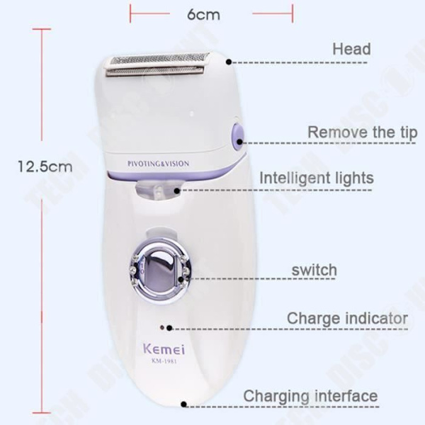 TD® KEMEI-1981 Elektrisk Epilator til Kvinder Multifunktionel Epilator & Trimmer & Pædicator & Ansigtsskraber til Fødder og Ben, 3 i 1 Opladelig