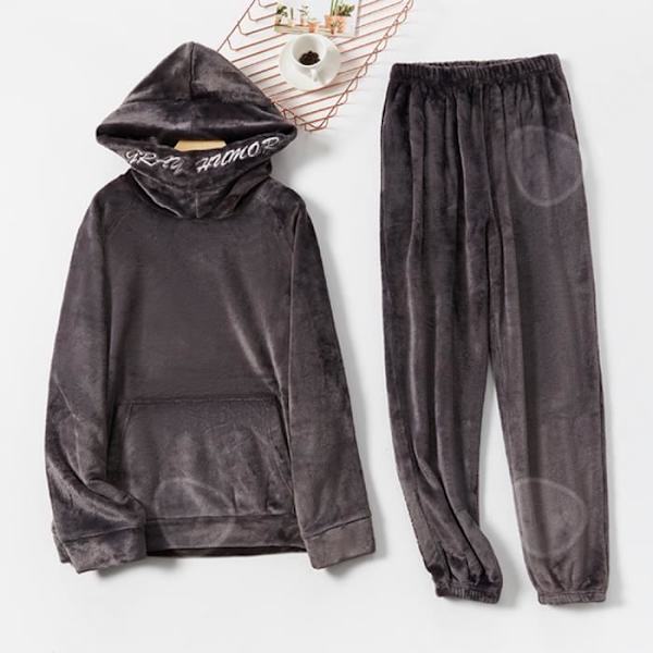 CONFO® Höst/vinter pyjamas med huva för män, tjock långärmad pyjamas med rund hals för män och pyjamas med v-ringad kastanj jag