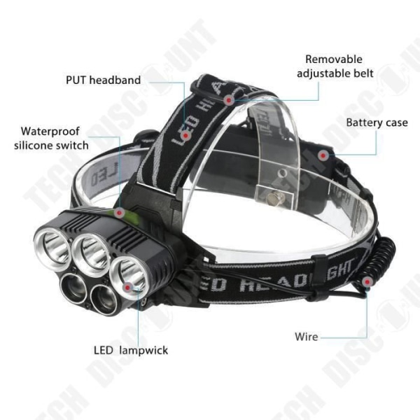 TD® Hovedlys LED belysning strøm batterier lygter lys arbejde camping strand fiskeri lys fem forlygter