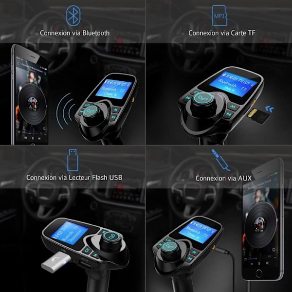FM Bluetooth Transmitter, Trådløs Bil Håndfri Adapter Radio med USB Bil Oplader og 1,44 Tommer Skærm - Sort