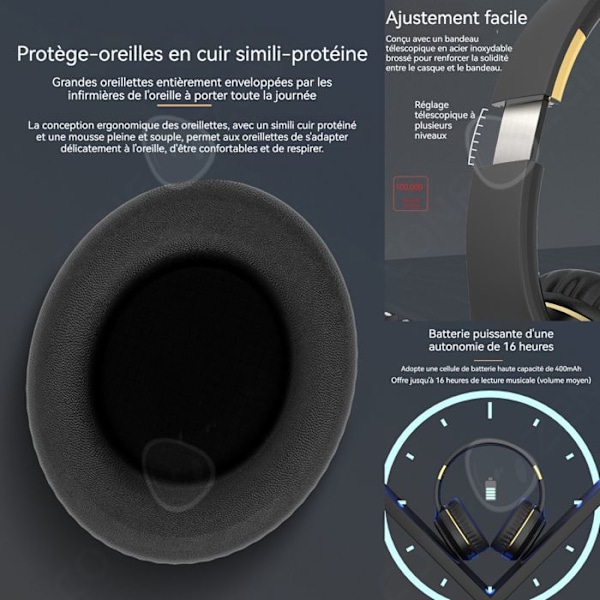 Hovedtelefoner til voksne med støjreduktion 400mah bluetooth 5,3 FM med en batterilevetid på 16 timer, 3D stereo, sammenklappelige trådløse bluetooth