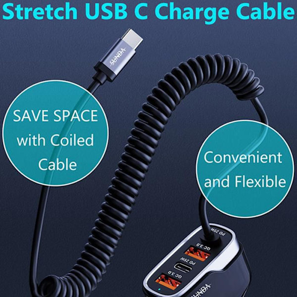 Billaddare - TD® - Cigarettändare - Snabbladdning - 1,5 m kabel - Typ-C gränssnitt Svart
