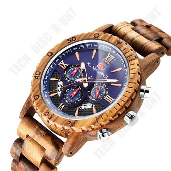 TD® Herre ur i zebra træ, triple remontoir multifunktion quartz ur til mænd, gave tilbehør