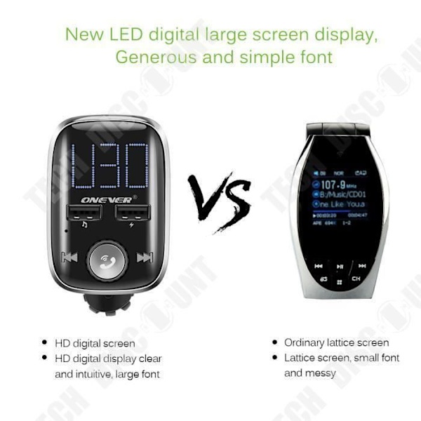 TD® FM Transmitter Modulator Stort skærm Bluetooth roterende MP3 Musikafspiller med dobbel USB 3.4 A oplader