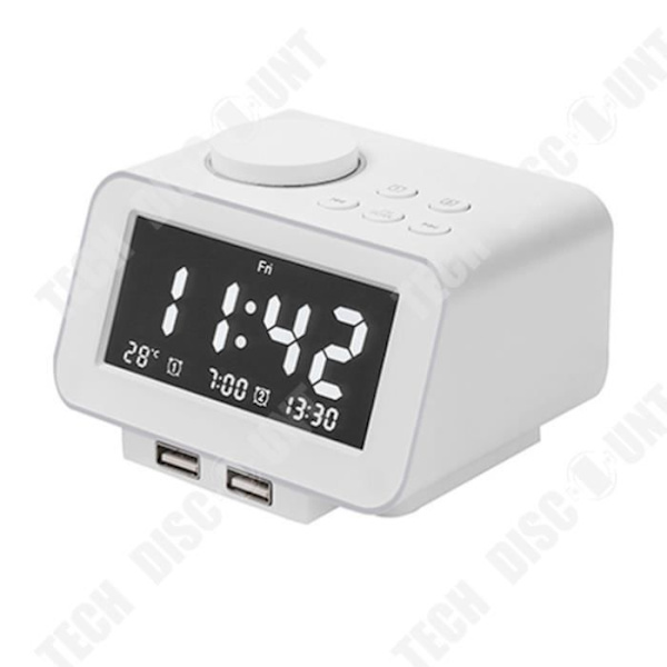 TD® FM vækkeur med justerbar LCD-belysning og dobbelt USB-telefonoplader - hvid Vit