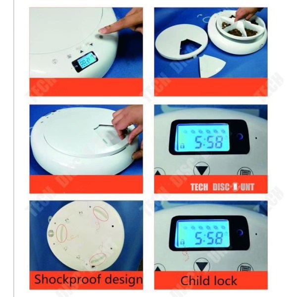 TD® automatisk programmerbar fodermaskine til katte og hunde, designet til foder til kæledyr med 6 måltider, intelligent og anti-slumre.