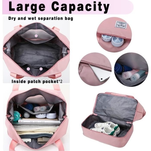 Resväska, hopfällbar duffelväska med våtfack och skofack, 36L bärbar handväska, rosa