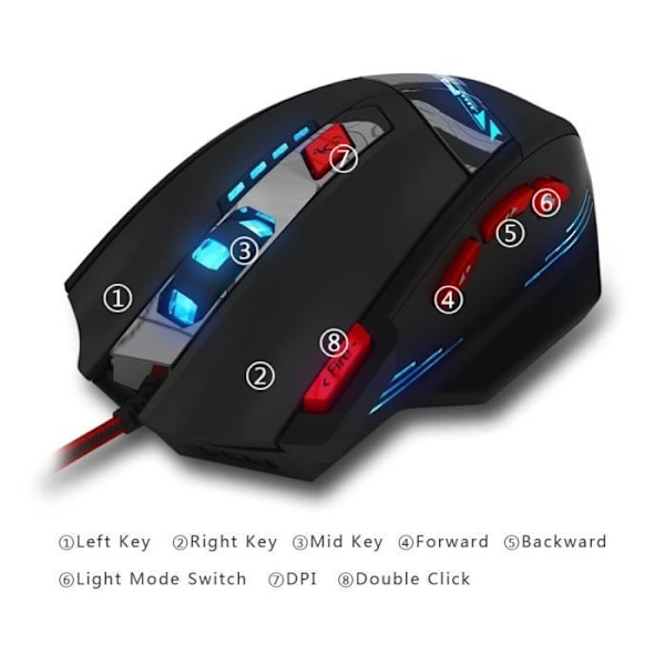 Souris Gaming - T90 - Kablet - 6 Justerbare DPI - 8 Knapper - 6 LED Farve Muligheder