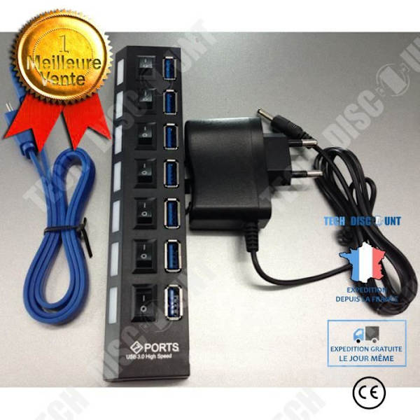 TD® Port Hub USB 3.0 High Speed 7-portar för dator, PC, surfplatta/kontaktkabel-tillbehör USB-port-dator
