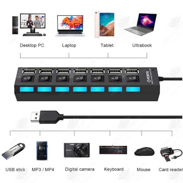 HTBE® Computer Converter HUB Hub Extender Interface One to Seven USB Oberoende Switch med ljus