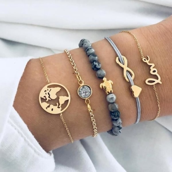 Parti med 5 stycken Armband Smycken Delikat Curb Chain Charm Världskarta Turtle Bead Kärlekspresent till kvinnor Flicka Modern