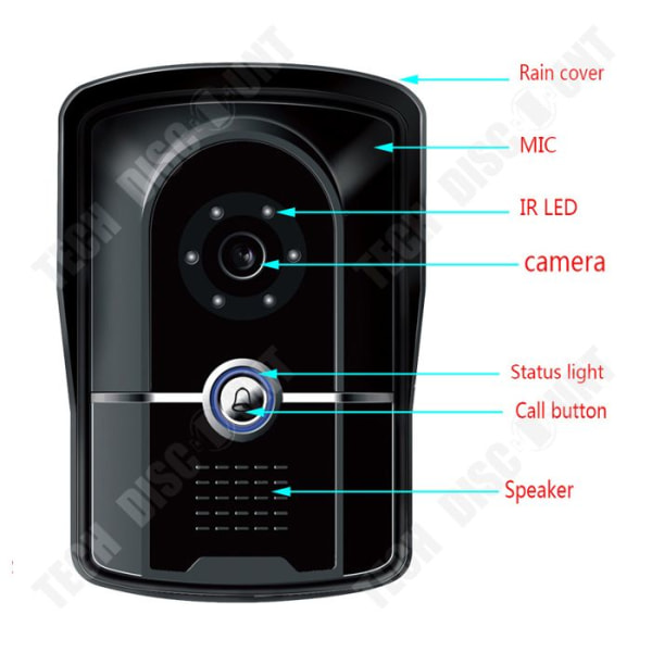 TD® Dørklokke 7 tommer HD dørklokke visuel natvision vandtæt IP55 1000 linjers intercom visuel én til én