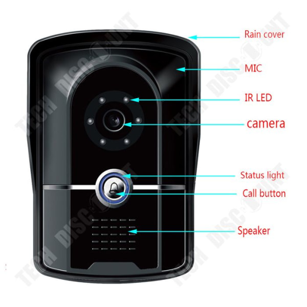 TD® Dörrklocka 7-tums HD Visual Doorbell Night Vision Regntät IP55 1000 Line One-to-One Visual Intercom