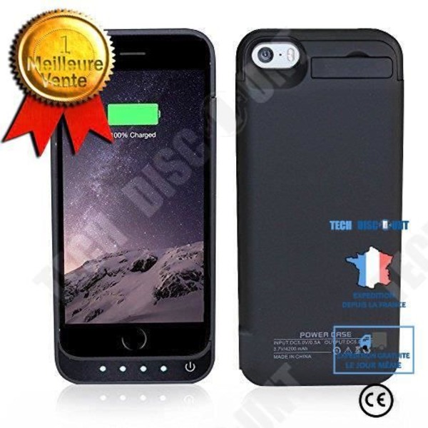TD® Backup Battery Case 4200 mAh för iPhone 5- 5c - 5S Vit - Power Bank - LED-skärm - Ytterligare nödport Svart