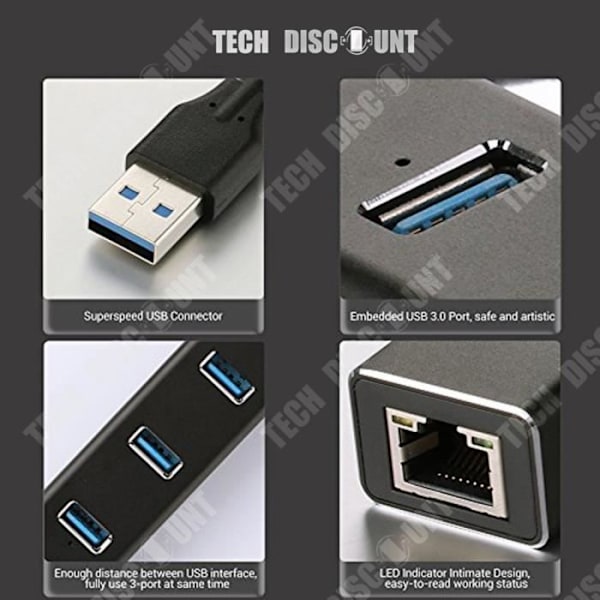 USB-keskitin - TD® - Hub 3.0 - 3 porttia - Ethernet RJ45 - Nopea siirto
