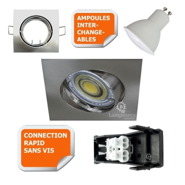 Set med 20 fyrkantiga LED-spotlights 230V borstad aluminium neutralvit - LAMPESECOENERGIE - GU10 - 5W - Infälld Vit