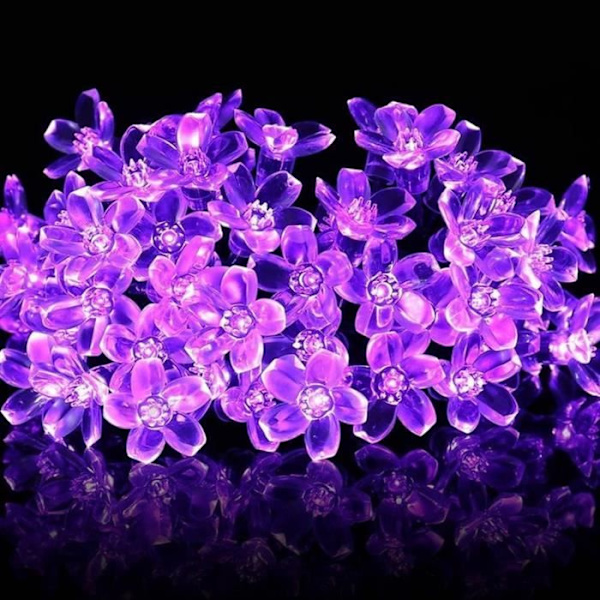 Lysende Guirlande - [MARKE] - Blomst - 50 LED - Solenergi - Vandtæt - 8 Mål Lila