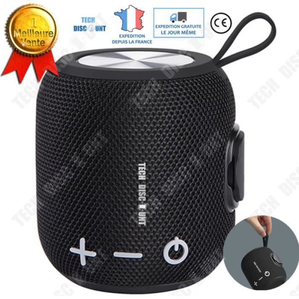 TD® Trådløs Bluetooth-højttaler i sort cylindrisk design med hvide knapper til udendørs brug, vandtæt mini-højttaler i stof, bærbar.