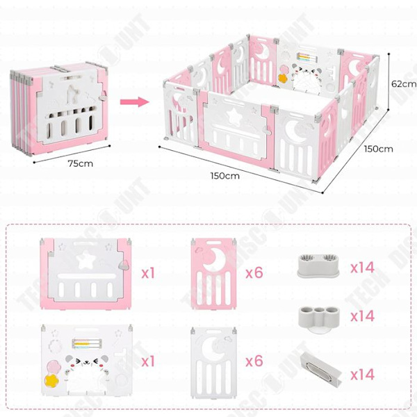 TD® Modular Baby Lekhage Vikbar Baby Lekhage 150×150CM Plast Baby Lekhage i anpassningsbar form Lekhagar för barn med aktivitetspanel