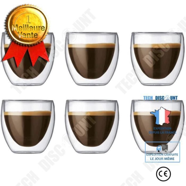 TD® set med 6 glas kaffe/espresso/espressokopp - 80ml - set/dubbelvägg kaffemuggar, original espressokopp te
