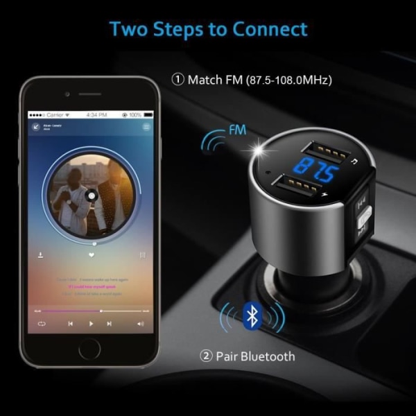 C26S FM Bluetooth -lähetin autoon, langaton Bluetooth -vastaanotin, autosoitin MP3 -sovitinkitti, jossa 5V/2.4