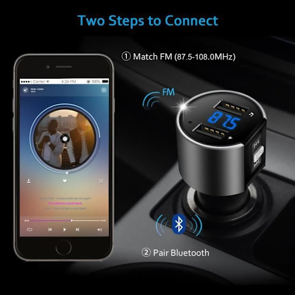 C26S FM Bluetooth-transmitter til bil, trådløs Bluetooth-modtager, MP3-afspiller radioadapter kit til bil med 5V/2.4
