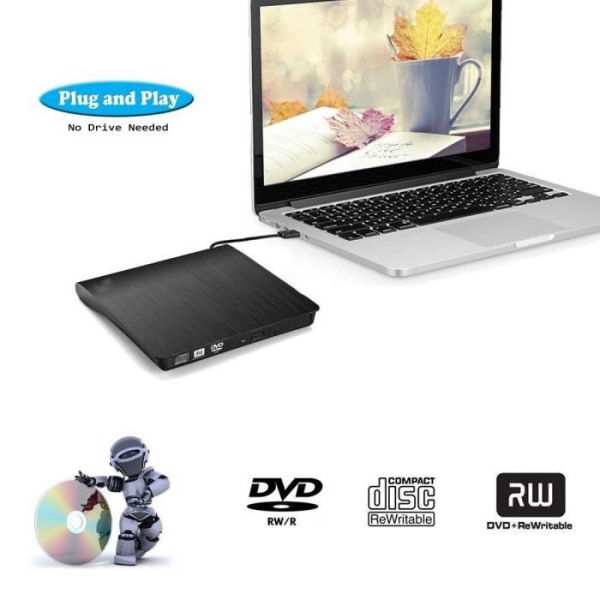 Extern CD/DVD-enhet, USB 3.0 Extern DVD-brännare CD-inspelare Bärbar RW/ROM Slim ROM Snabb överföring Inbyggd USB-kabel
