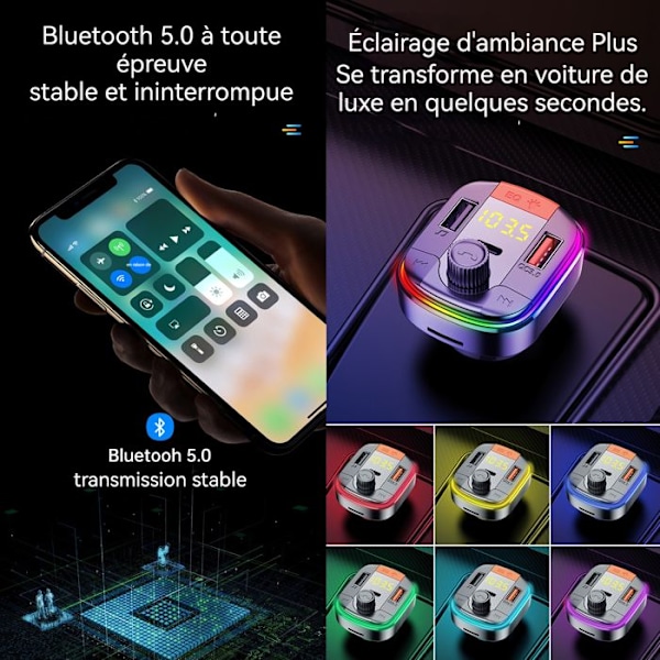 FM-sender - TD® - Bluetooth 5.2 - Dobbelt USB-oplader - Håndfri - Ambient lys