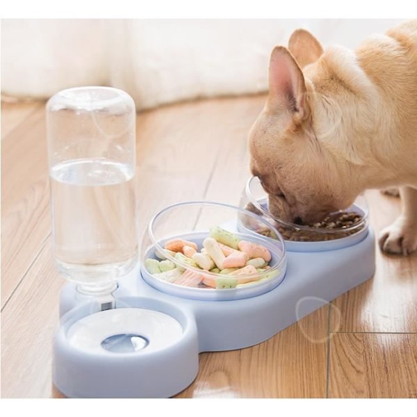 CONFO 3 i 1 skål för små katter och hundar Vattendispenser dubbel skål 360° rotation blå