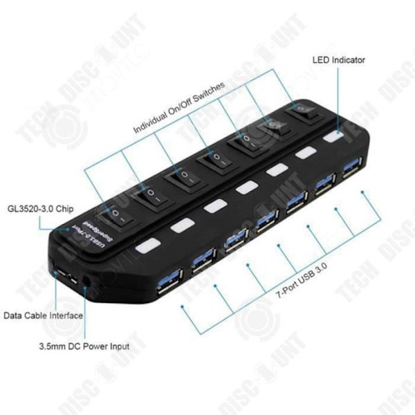 TD® USB-jakaja HUB 7-porttinen USB3.0 ultra-nopea kytkimellä USB 3.0 -liittymällä x 7PORT musta, joka on liitetty hubiin