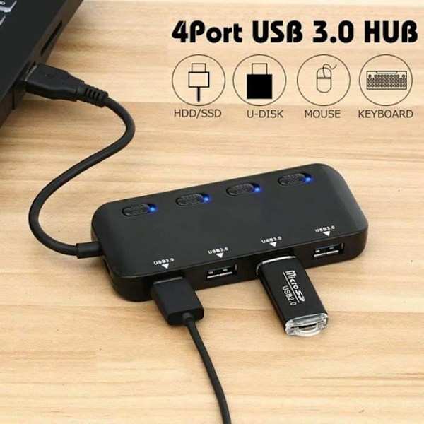 USB 3.0 Hub Power Strip - MÄRKE - Multi 4 portar - Svart - Integrerat överspänningsskydd