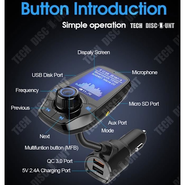 Bluetooth FM bil transmitter, handsfree MP3 T26D/ Farvet stor skærm QC3.0 hurtig opladning FM/MP3 radio