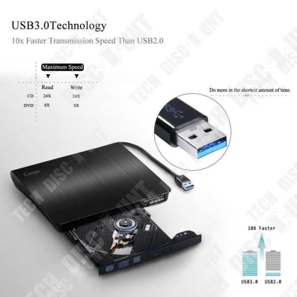 DVD-brænder - TD® - USB 3.0 - Plug and Play - Sort - Ultra tynd