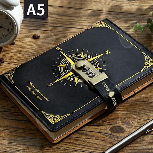 CONFOZEN® Black Compass Portable Pennfodral Retro Design Notebook Låsbar anteckningsbok