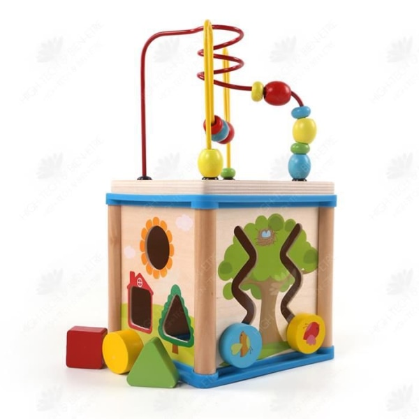 HTBE® Träklocka multifunktions pärlbar leksaksskattlåda 1-6 år gammal fyrsidig intelligensspel pärllåda