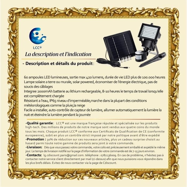 LCC® Udendørs solcellelampe med 60 LED - HIGH-TECH & VELVÆRE - Sort - 420 lumen - Indbygget batteri Svart