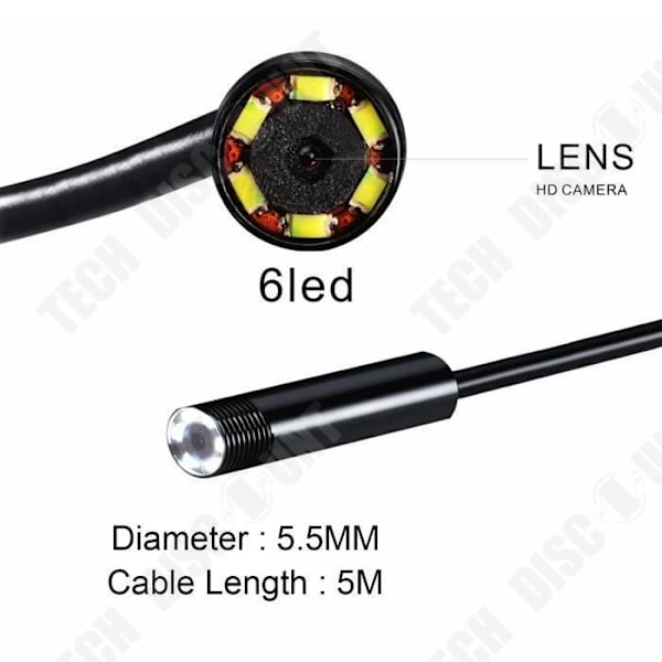 TD® 5m-16,4ft 2 i 1 vattentät 5,5 mm Android telefon och PC Endoskop USB, Endoskoptråd Inspektionskamera Micro Tube