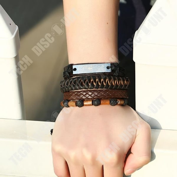 TD® Sæt med 4 dele læderarmbånd til mænd, vulkansk sten, træperler, vævet armbånd i flettet læder retro gave